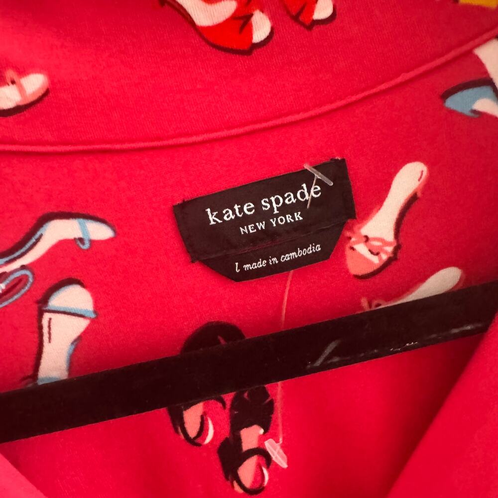 New Kate Spade Heels Print Sleepwear Pajama Red Collared Top Pull On Pants Sz L - Picture 3 of 7